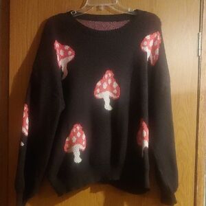 Mushroom Pattern Black Sweater Size Large, Drop Shoulder